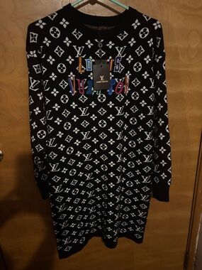 Louis Vuitton Black and White Monogram Knit Dress with Multicolor Logo Appliqué